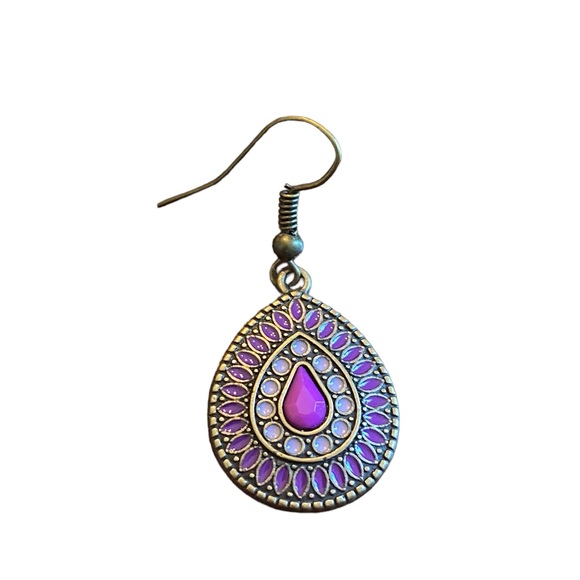 Boho Style Antique Gold and Purple Teardrop Drop Earrings - Picture 2 of 5